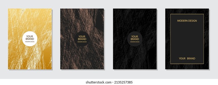 Actual abstract cover design set. Geometric backgrounds, lines and cracks pattern, golden marble grunge texture, vertical templates. Design idea for brochure, catalog, book, poster, flyer, invitation.