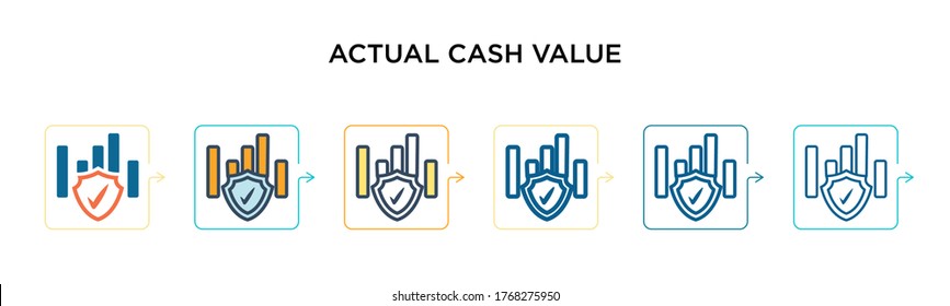 Icono vectorial del valor efectivo real en 6 estilos modernos diferentes. Negro, dos iconos de valores reales de efectivo de color diseñados con el estilo relleno, contorno, línea y trazo. La ilustración vectorial puede utilizarse para la web, 
