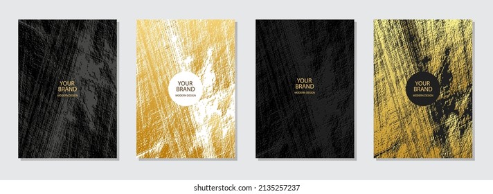 Actual creative set of cover design. Geometric backgrounds, lines and cracks pattern, golden marble grunge texture, vertical templates. Design idea for brochure, catalog, book, poster, flyer.