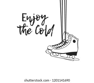 Actual fashion illustration skates. Hand drawn Ice Skating Things isolated on white. Winter Sport vector background. Original doodle style drawing. Creative ink art work