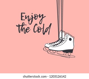 Actual fashion illustration skates. Hand drawn Ice Skating Things isolated on white. Winter Sport vector background. Original doodle style drawing. Creative ink art work