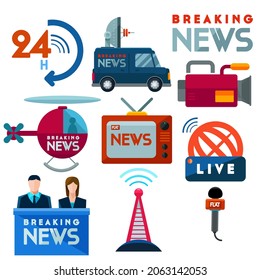 Actual news decorative live journalism operator strategic equipment camera logo card design icon set flat isolated illustration
