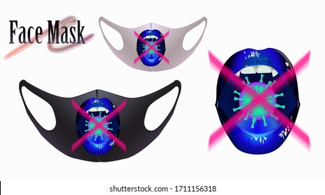 
Actual print for the mask on the face. Figure bacteria coronovirus in blue lips. Vector realistic illustration of a facial mask. Isolated image of a picture.