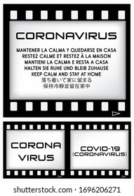 Actual slogan of coronavirus on of 35mm movie film strip. COVID-19 template vector illustration set.