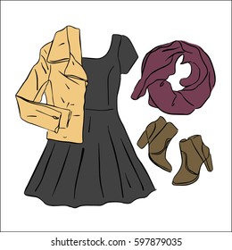 Actual vector drawing spring/autumn look. Street wear set: black dress, jacket, boots, scarf.