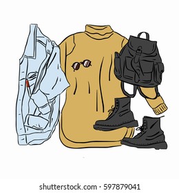 Actual vector drawing spring/autumn look. Street wear set: knitted dress, jeans jacket, boots, backpack, glasses.