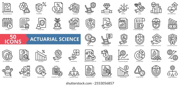 Conjunto de coleções de ícones de ciência atuarial. Conter risco, probabilidade, estatísticas, seguro, pensão, prêmio, passivo, ativo, mortalidade, esperança de vida, anuidade, subscrição, investimento, avaliação