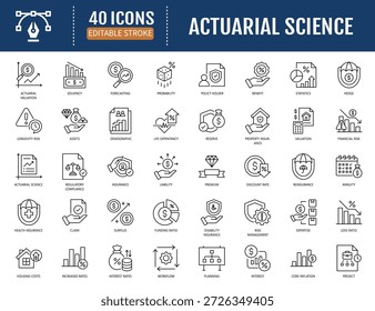 Conjunto de iconos de ciencia actuarial. Incluye el riesgo,
probabilidad, estadísticas, seguros, pasivos, activos,
anualidad, inversión, valoración. Ilustración vectorial
con trazos editables