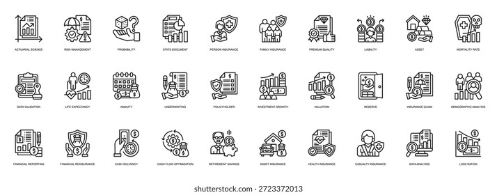 Conjunto de iconos de estilo de línea de Ciencia actuarial. Contiene Ciencia Actuarial, Gestión de Riesgos, Probabilidad, Seguros, Seguro Familiar, Calidad Premium