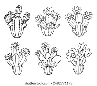 actus with Blooming Flowers in Line Art Collection