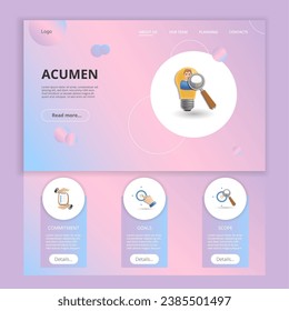 Acumen flat landing page website template. Commitment, goals, scope. Web banner with header, content and footer. Vector illustration.