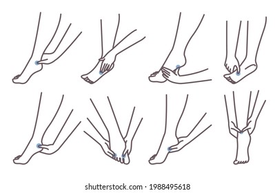 Técnica de terapia de masaje de pie acupresión, ilustración vectorial. El personaje femenino presiona los pies para reducir el estrés, ayudar a la digestión y promover el sueño. Medicina china.