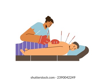 Acupuncture back and spine treatment using needles, flat vector illustration isolated on white background. Acupuncture natural and effective therapy procedure.