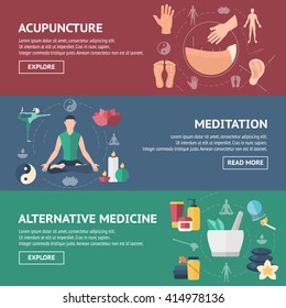 Pancarta de acupuntura coloreada con personas y títulos de meditación de acupuntura y medicina alternativa