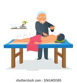 Acupuncture body therapy. Asian Chinese traditional medicine treatment. Woman undergoing the procedure on her back in a medical room, salon. Vector cartoon illustration isolated from white.