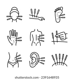 Acupuntura. Terapia corporal y spa. Bienestar. Conjunto de iconos de esquema de medicina alternativa. Iconos De Línea Delgada De Vector Perfecto De Pixel. Pictograma mínimo simple