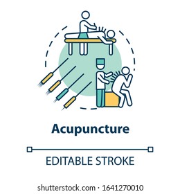 Acupuncture Concept Icon. Traditional Chinese Medicine, Complementary Therapy Idea Thin Line Illustration. Healing Technique With Needles. Vector Isolated Outline RGB Color Drawing. Editable Stroke