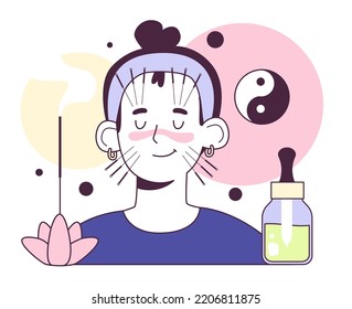 Acupuncture concept. Needle therapy, asian alternative medicine. Chinese medical practice for disease treatment and prevention. Flat vector illustration