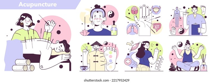 Conjunto de conceptos de acupuntura. Terapia de la aguja, medicina alternativa asiática. Práctica médica china para el tratamiento y la prevención de enfermedades. Ilustración vectorial plana