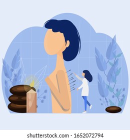 Acupuncture concept vector illustration af alternative medicine. Woman body with needles, doctor, stones, candle.