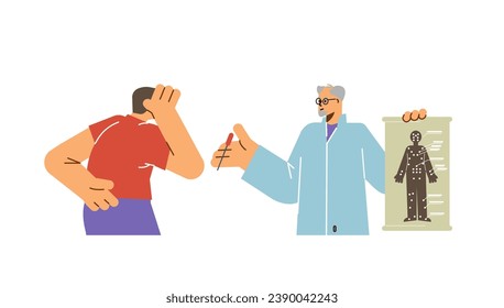 Acupuncture doctor and patient, two men, flat cartoon vector illustration isolated on white. Male medic shows poster about Asian traditional alternative medicine. Needle treatment in oriental clinic.