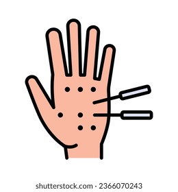 Acupuncture flat color icon. Hand with needle, alternative medicine. Pain relief, arthritis treatment. Vector illustration.