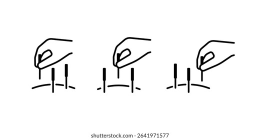 Acupuncture, hand with medical needles and body, line icon set. Alternative medicine. Body therapy and spa, wellness and acupressure. Vector illustration
