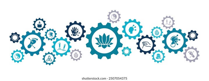 acupuncture icon concept: interconnected icons of various acupuncture treatments - vector illustration
