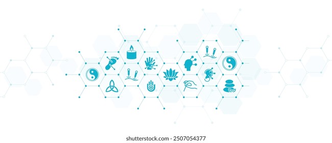 acupuncture icon concept: interconnected icons of various acupuncture treatments - vector illustration