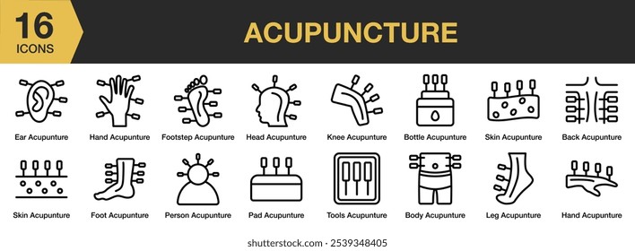 Conjunto de ícones de acupuntura. Inclui volta, corpo, garrafa, orelha, pé, passo e muito mais. Contornar coleção de vetores de ícones.