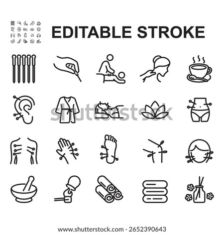 Acupuncture icon set. Thin line style vectors. Contains icons for traditional medicine, needles, cupping, and more.