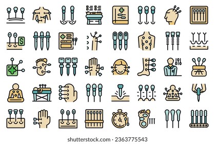 Acupuncture icons set outline vector. Meridian body. Live point thin line color flat on white isolated