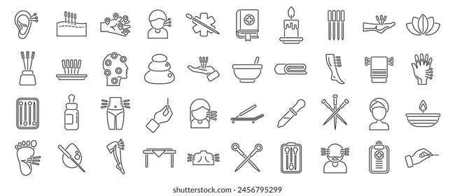 Acupuncture icons set outline vector. Meridian body. Liver point needle