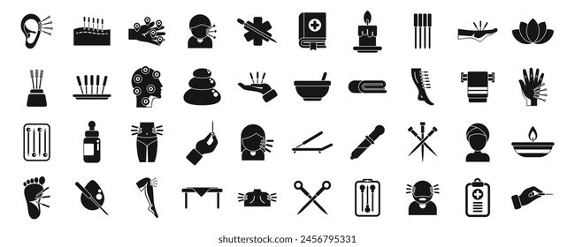 Acupuncture icons set simple vector. Meridian body. Liver point needle