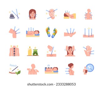 Acupuncture icons set. Stickers with spa treatments and massages, aroma stick, candle and patches. Health and body care with oriental medicine. Cartoon flat vector isolated on white background