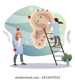 Acupuncture illustration. Women, doctor, ear, needles. Editable vector graphic design.