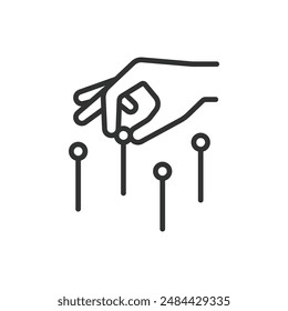 Acupuncture, in line design. Chinese medicine, needle therapy, acupuncture points, acupressure, holistic healing, therapy on white background vector. Acupuncture editable stroke icon.