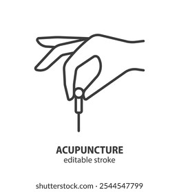 Ícone de linha de acupuntura. Mão com agulha de acupuntura. Ilustração vetorial. Traçado editável.