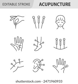 Acupuncture line icon set. Body therapy vector collection. Editable stroke.