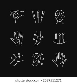 Acupuncture line white icon set on black background. Body therapy vector collection. Editable stroke.