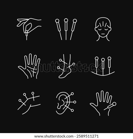Acupuncture line white icon set on black background. Body therapy vector collection. Editable stroke.