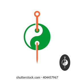 Acupuncture logo concept with needle and yin yang sphere symbol
