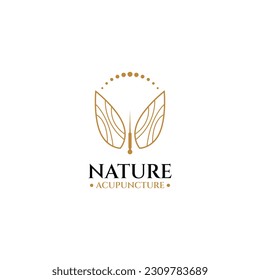 Acupuncture logo with leaf line design, Template element for medical business logos.