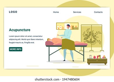 Acupuncture for Man Lying on Table in Asian Salon. Treatment for Guy Having Backache or Problem with Health. Medical Service Website Design, Needle in Body Flat Cartoon Vector Illustration.