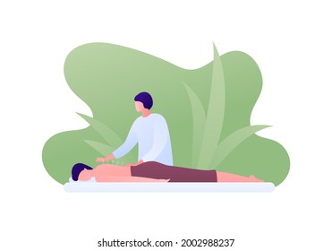 Acupuncture and massage therapy concept. Vector flat people illustration. Asian woman acupunturist and patient person lying on couch on green background isolated on white.