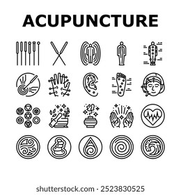 acupuntura massagem terapia ícones definir vetor. tratamento médico, medicina spa, chinês de saúde, holístico alternativa, quiroprático acupuntura massagem terapia ilustrações contorno preto