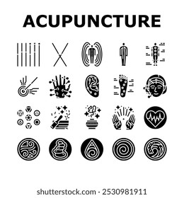 acupuntura massagem terapia ícones definir vetor. tratamento médico, medicina spa, saúde chinesa, holística alternativa, quiroprático acupuntura massagem terapia glifo pictograma Ilustrações