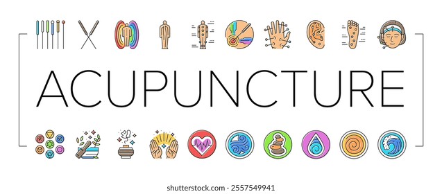 acupuncture massage therapy icons set vector. treatment medical, medicine spa, health chinese, alternative holistic, chiropractic acupuncture massage therapy color line illustrations