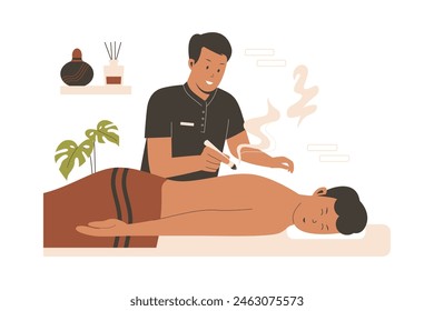 Acupuncture moxibustion therapist vector concept, alternative medicine concept. Flat illustration concept