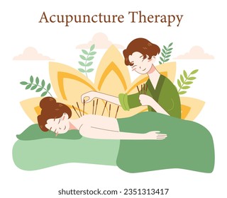 Acupuncture. Needle therapy, asian alternative medicine. Chinese medical practice for disease treatment and prevention. Flat vector illustration